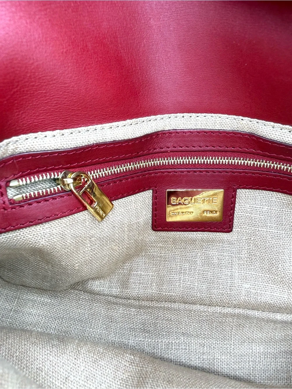 Fendi Red Leather Baguette Shoulder Bag with Gold Hardware